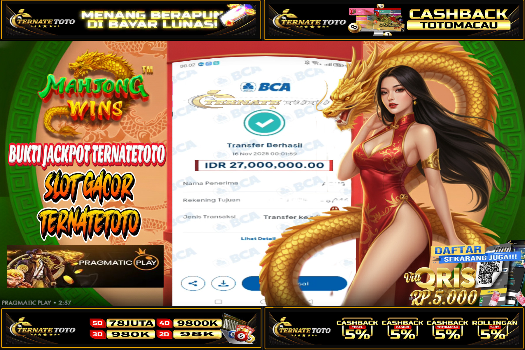 TERNATETOTO - JACKPOT Mahjong Wins DI PRAGMATIC PLAY Rp.27,000,000,-
